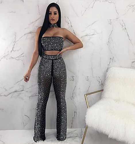 

Top Quality Ladies Sexy Strapless Black Rhinestone Bandage Set Designer Luxury Women Set
