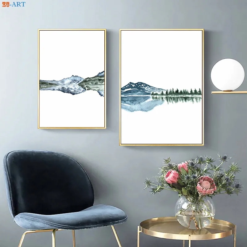 Синий Зеленый Wall Art Абстрактная живопись печати горы плакат с озером пейзаж холст
