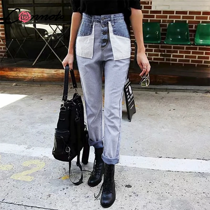 

Conmoto Women High Waist Jeans 2019 Stylish Spliced Fake Pocket Long Pants Female Casual High Street Button Zipper Jeans Capris