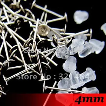 

Free ship! Silver Plated 1000set 4mm Round Flat Glue Pad Stud Earring Post With Rubber Stopper Cameo Blanks Base Setting