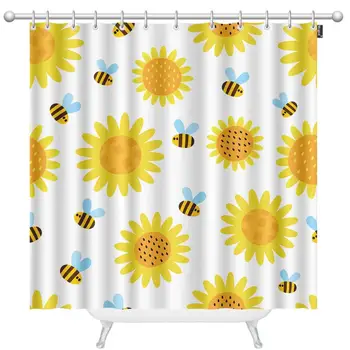 

Sunflower Shower Curtain Seamless Pattern with Flying Cartoon Bees and Sunflowerfs Home Lush Decor Bathroom Waterproof Fabric