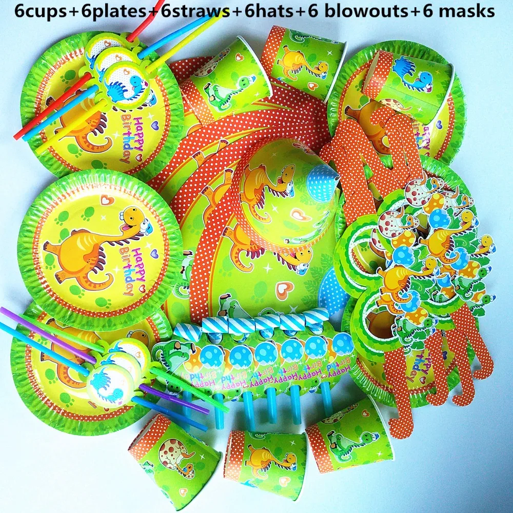 

6 person happy birthday kids Dinosaur baby girl shower party decoration set banner tableware set cup hats plates supplier set