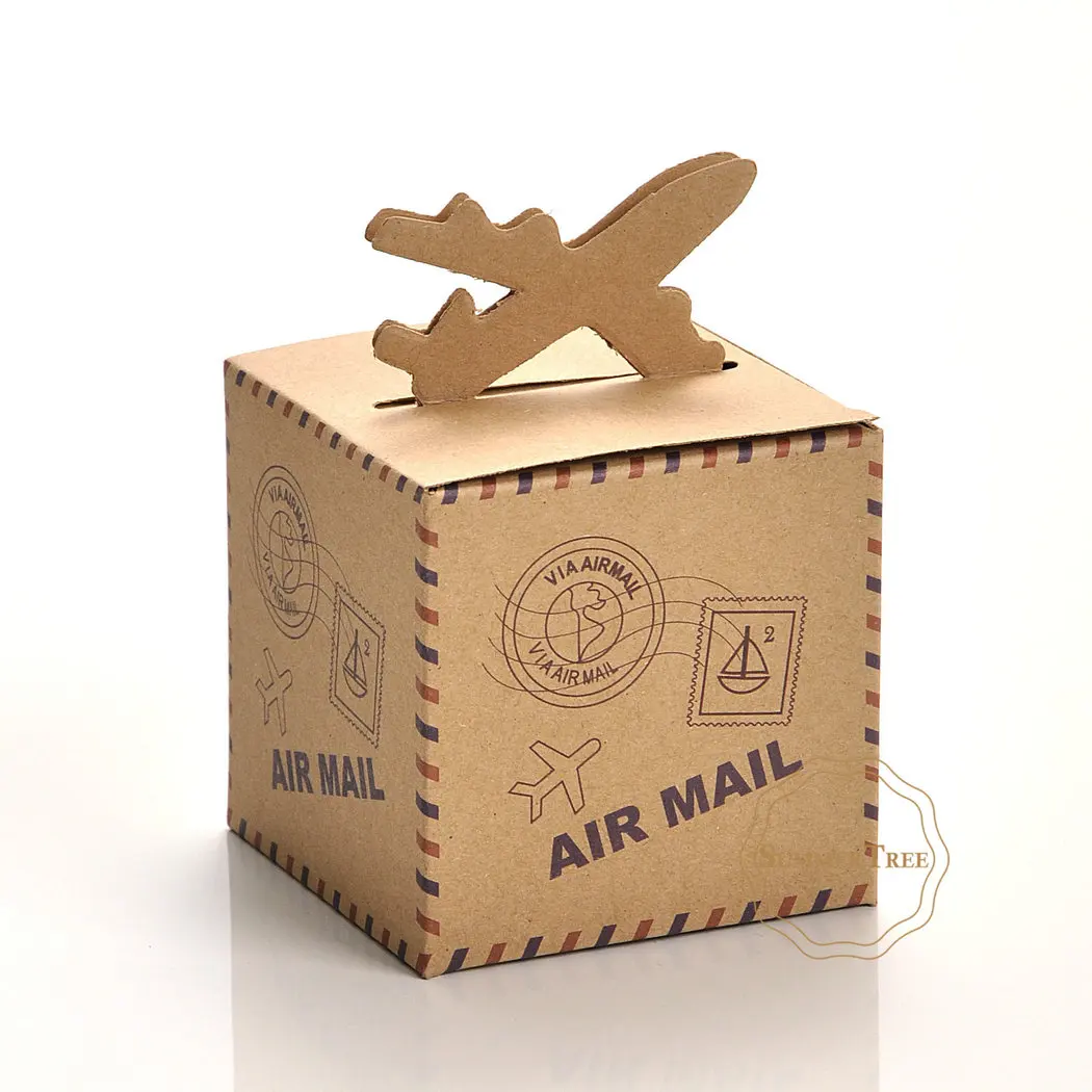 50pcs Travel Themed Wedding Gift box of Let the Adventure Begin Airplane Kraft Favor Box For Wedding and Party Candy Box