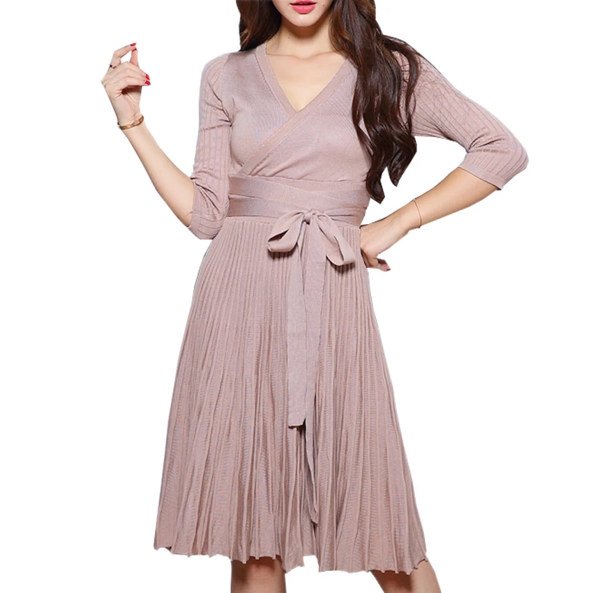 

2017 Autumn Winter Dress High Quality Women Three Quarter Sleeve Sexy V-Neck Slim Knitted Sweater Dress Office Vestidos Mujer