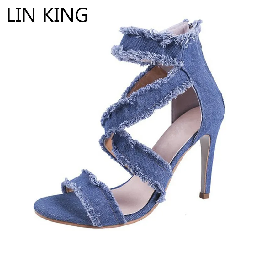 LIN KING Vintage Denim High Heel Women Sandals Back Zipper Peep Toe ...