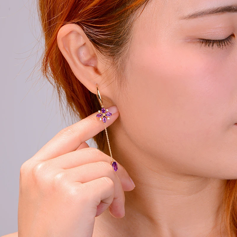 Caimao 2.45ct Purple Amethyst Diamond Dangle 14K Yellow Gold Drop Earrings for Women Fine Jewelry