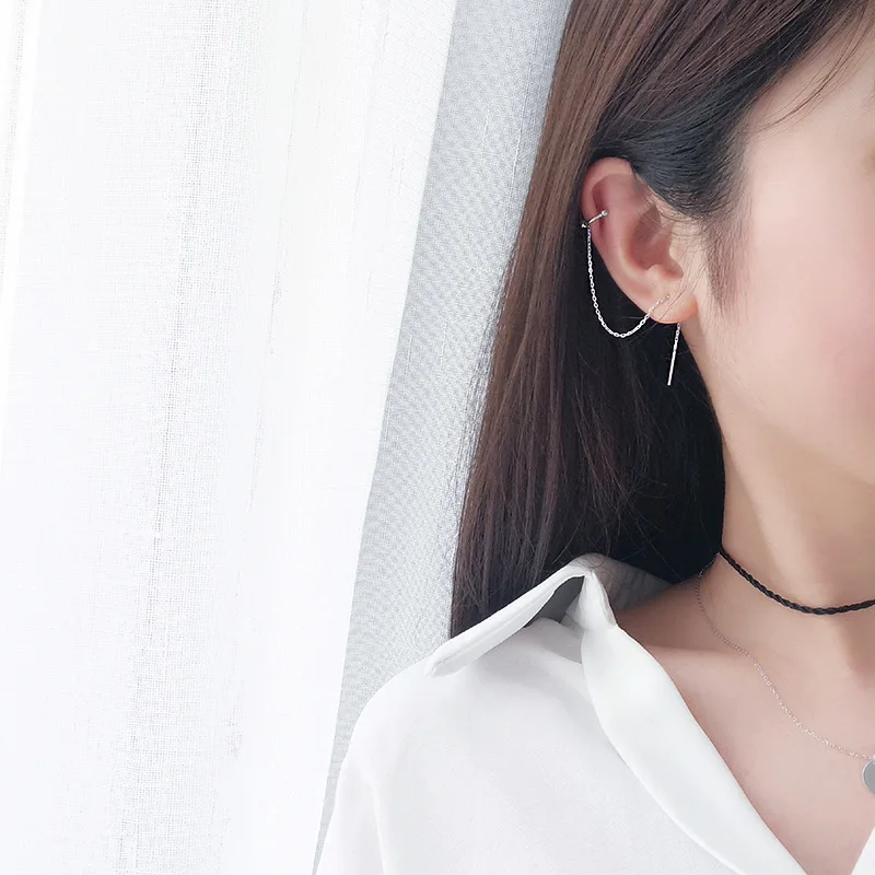 

Korean Long Silver Tassel Ear Cuff Earrings for Women Ear Line Sweet Small Fresh C Shaped Ear Bone Clip Fashion Jewelry