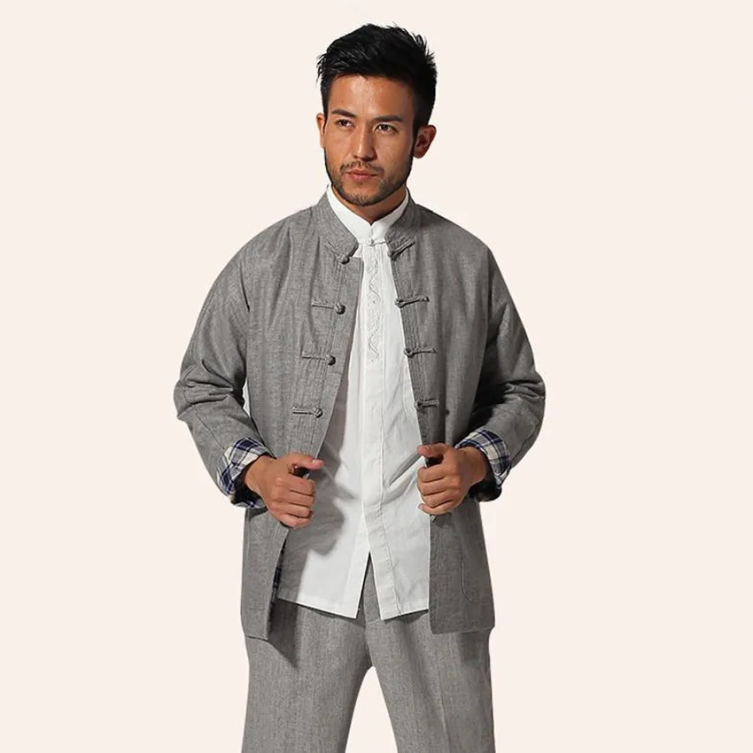 Light Gray Chinese Male Kung Fu Jacket Men Linen Cotton Coat ...