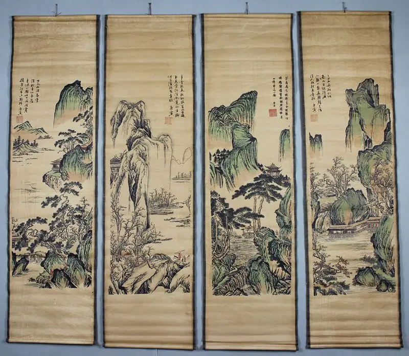 

Exquisite Chinese archaize four screen mountain water scenery Calligraphy and painting