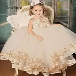 Красивое платье; платья для девочек ремни ручной работы цветок Шампанское Тюль Детское платье пышное для маленьких девочек на день