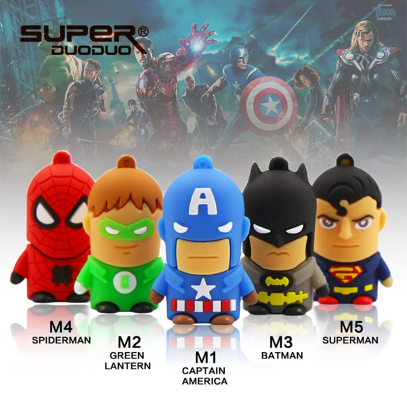 Superheros флеш-накопитель 4GB 8GB 16GB дешевый Usb флеш-накопитель 32GB 64GB мультяшный флеш-накопитель Бэтмен/Человек-паук/Капитан Америка memoria usb