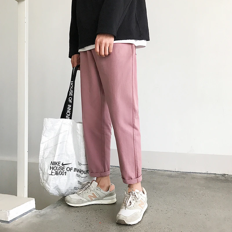 2019 Man Casual Straight Harem Pants Streetwear Pink Pants Men Joggers Big Pockets Mens Sweatpants Loose Trousers