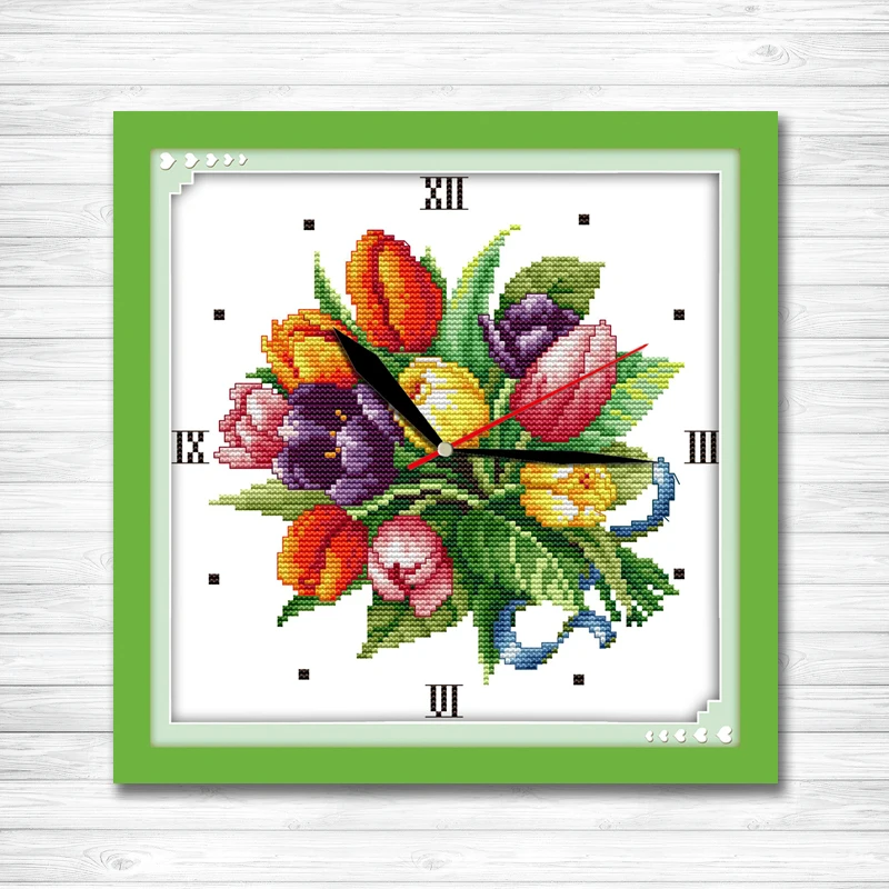 Tulip clock face colorful flower painting counted print on canvas