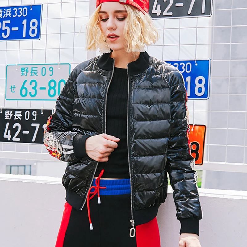 

Female Autumn Winter Black Down Jacket Ladies Long Sleeve Stand Collar Coat Fashion Embroidery Bright Surface Loose Parka Z926