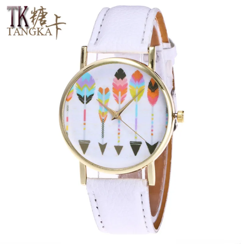 

2017 New Gold Watch Women Fashion feather white Dial wrist watch Women's Luxury Brand Leather casual ladies Quartz Clock
