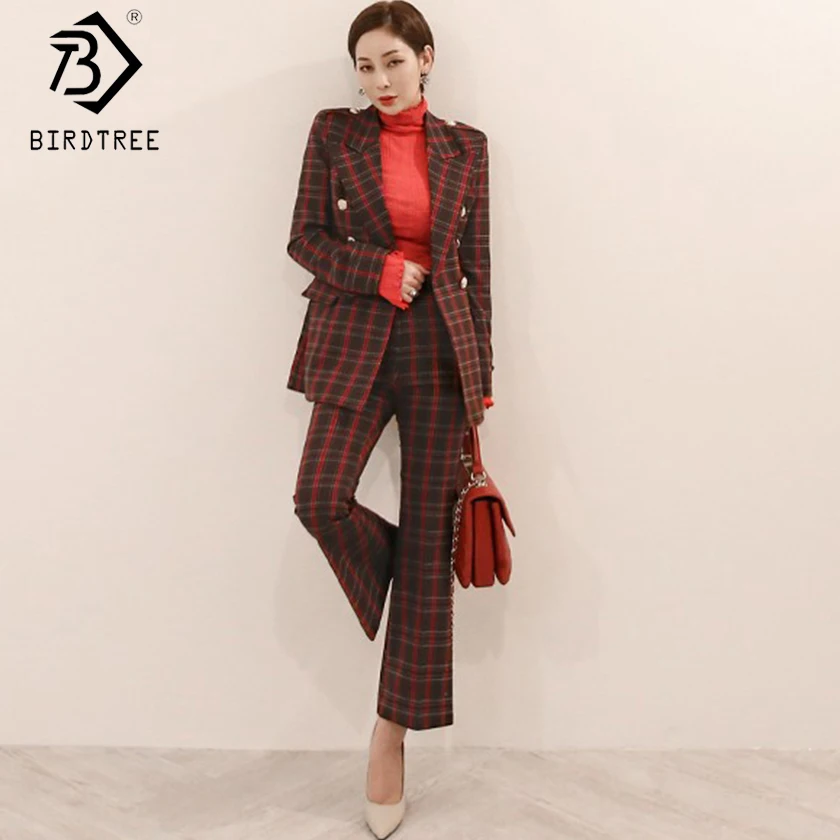

Women Pants Blazers Suit Long Sleeve Plaid Notched Double Breasted Top Pockets Elastic Waist Flare Pants Office Lady S91823J