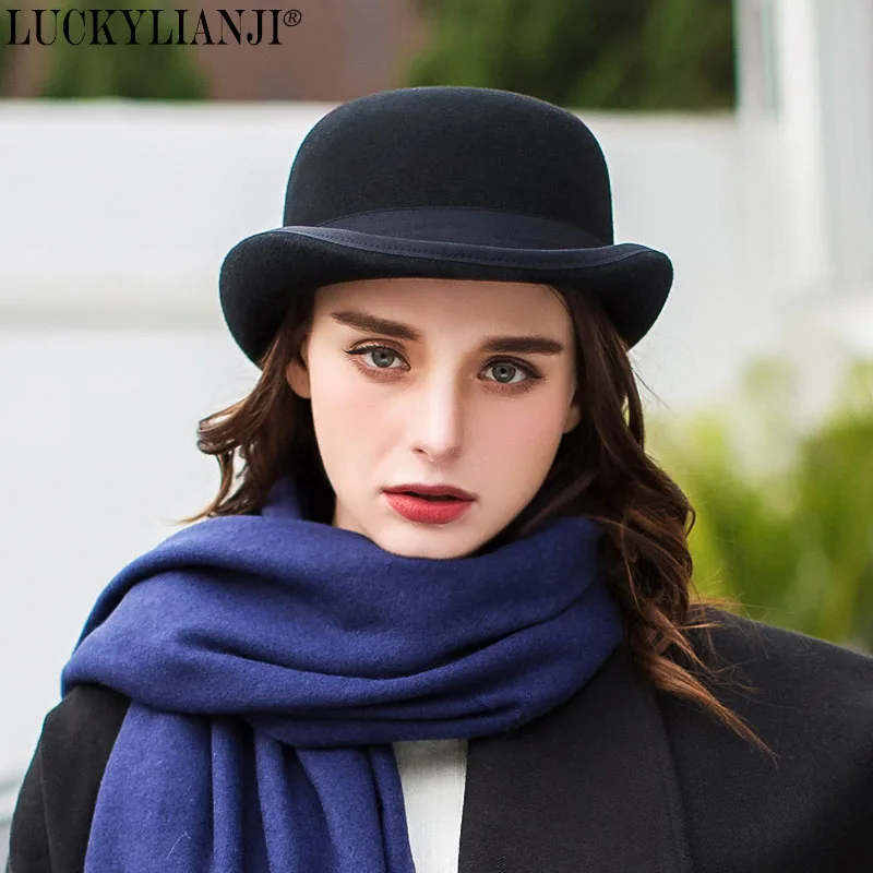 

LUCKYLIANJI 100% Wool High Quality Unisex Gentleman Cosplay Performan Costume Casual Derby Cap Bowler Top Hat (One Size 57cm)