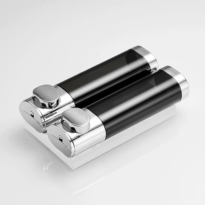 Günstige Fapully Flüssigkeit Seife Dispenser Doppel 250ML Schwarz Chrom Wand Montiert Runde Bad Zubehör Lotion Pumpe Spender Flasche