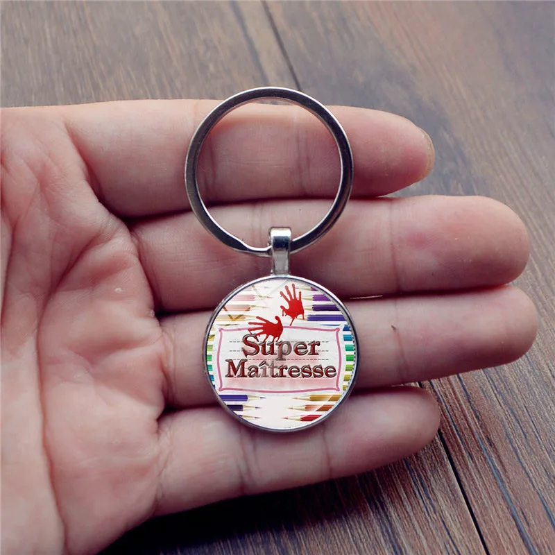 

SIAN 2019 New Super Mistress Keychain Sweet Cartoon Patterns Handmade Glass Cabochon Car Key Chain Ring for Teacher Gift Llavero
