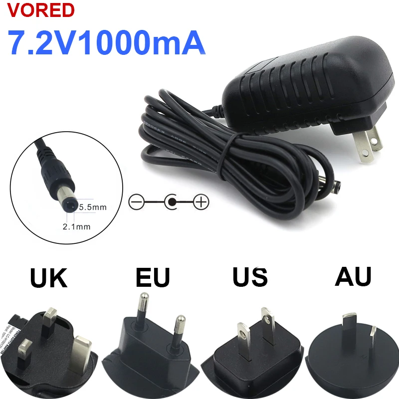 

VORED 1PCS 7.2V 1000mA/1A Power Supply Adapter US/EU/UK/AU Plug Charger Converter with 1.5m Cable 5.5*2.1mm Free Shipping