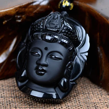 

Free shipping bead curtain natural Obsidian black matte pendant pendant Guanyin Buddha head rotary head