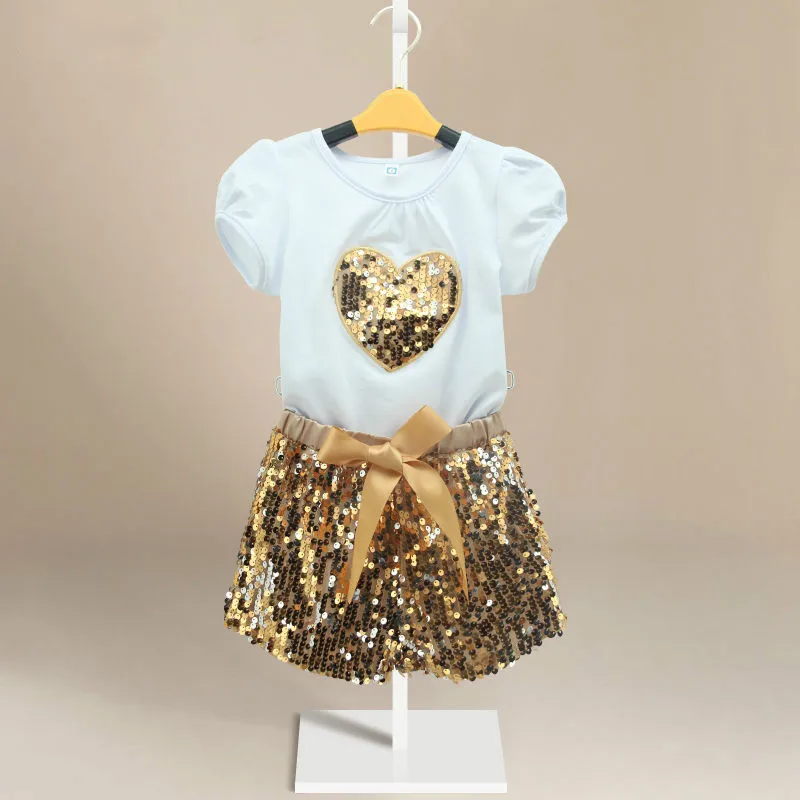 

Summer Fashion Baby Toddlers Girls Kids Sequins Heart Top Sequins Pants Bling Bling Shorts Outfit T-Shirt Sets