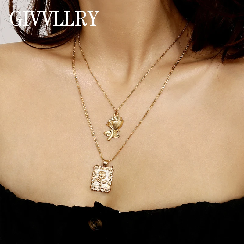 

GIVVLLRY Elegant Carved Rose Tag Pendant Necklace for Women Creative Gold Silver Color 2 Layered Chain Flower Charm Necklace