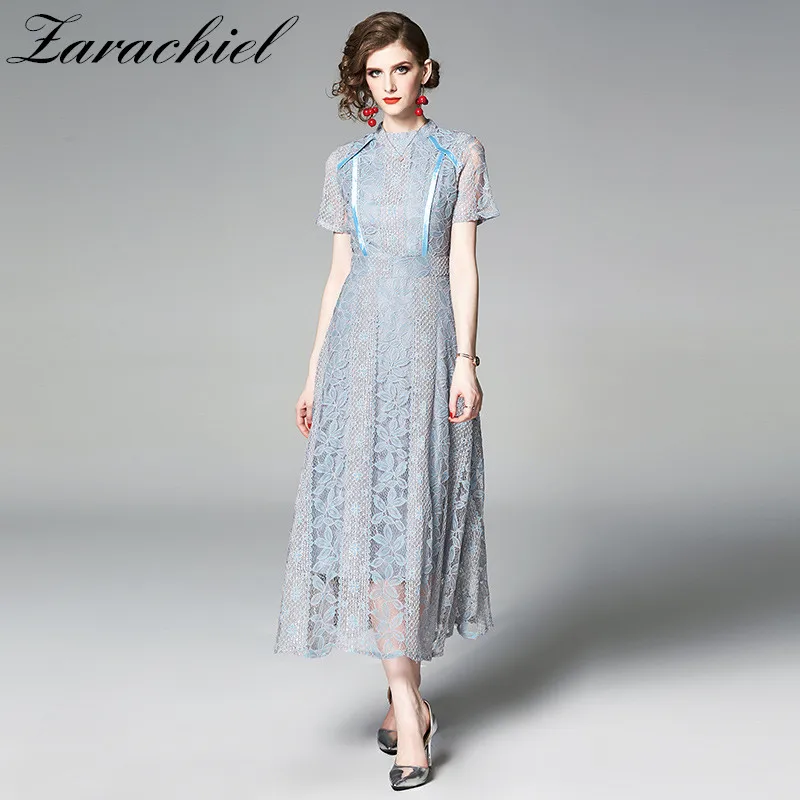 

2019 Summer Elegant Floral Lace Dress Women Short Sleeve Stand Collar Evening Party Dress Hollow Out Empire A-Line Long Dress