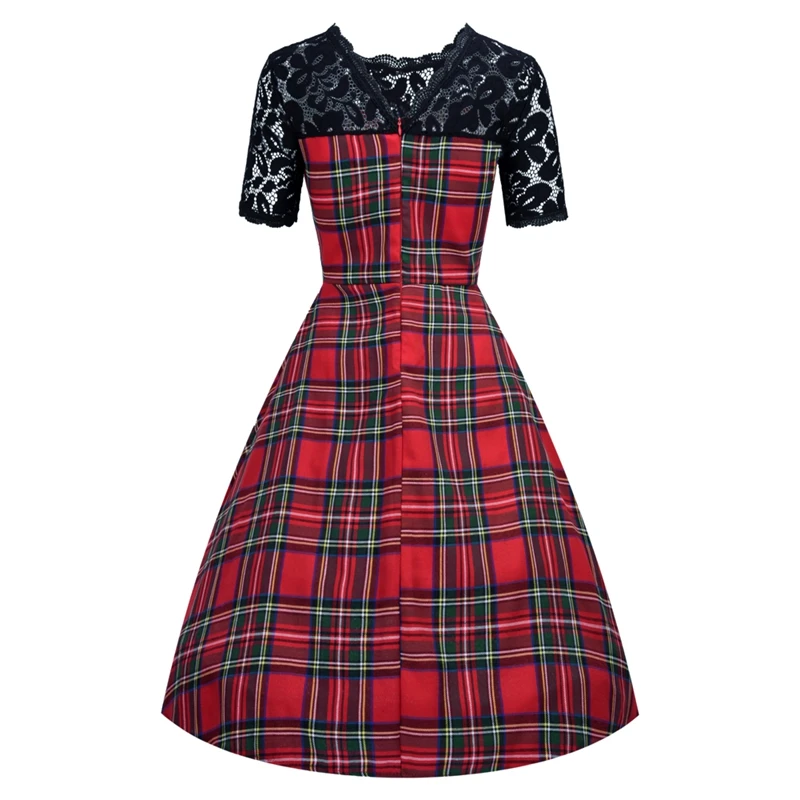 Us 12 8 34 Off Vintage Hepburn Robe Sexy Lace Patchwork Red Tartan Checks Plaid Dress Pinup Rockabilly Swing Dresses Party Skater Dress Vestido In