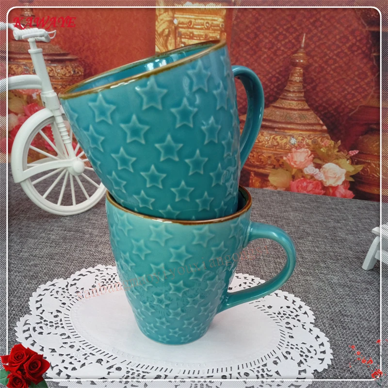 1pcs Continental Embossed Ceramic Cup Glazed Embossed Coffee Cup Family