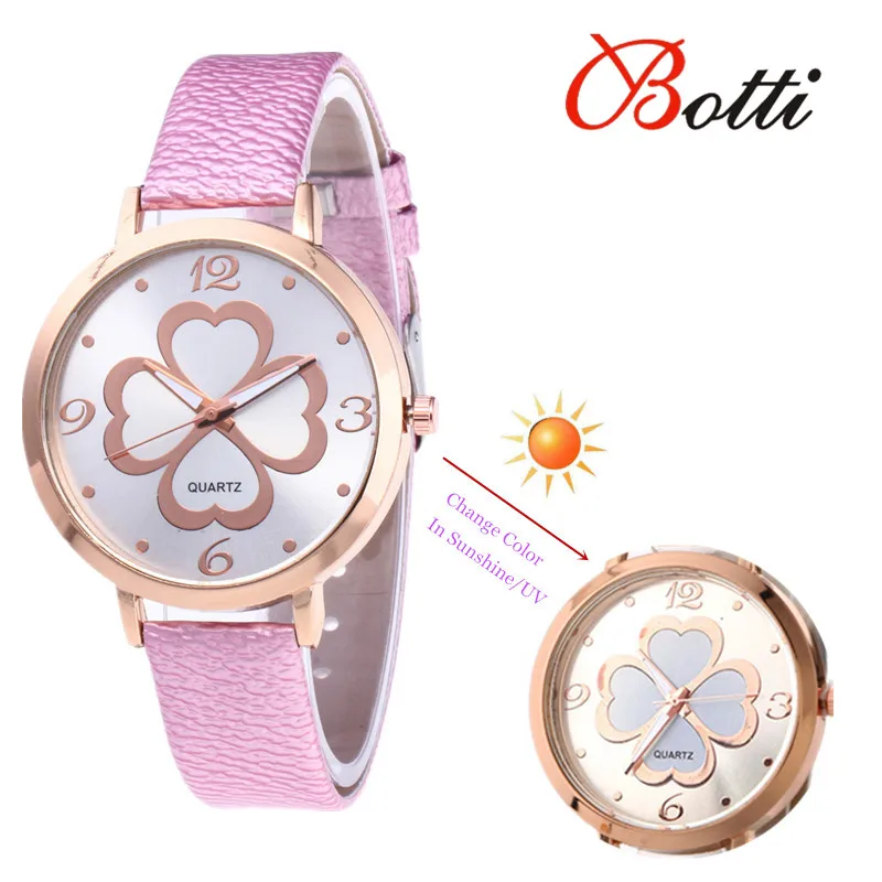 

Fashion Women Watch Change Color In the Sunshine Watches Women Dress Wristwatch Casual Clover Leather Quartz Watches reloj mujer