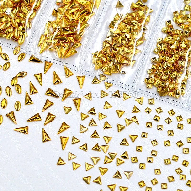 

1 Pack Mix Shape Gold 3D Rectangle Triangle Square Drop Oval Metal Stud Nail Art Rhinestones Gems Decorations DIY Salon Tip 11#