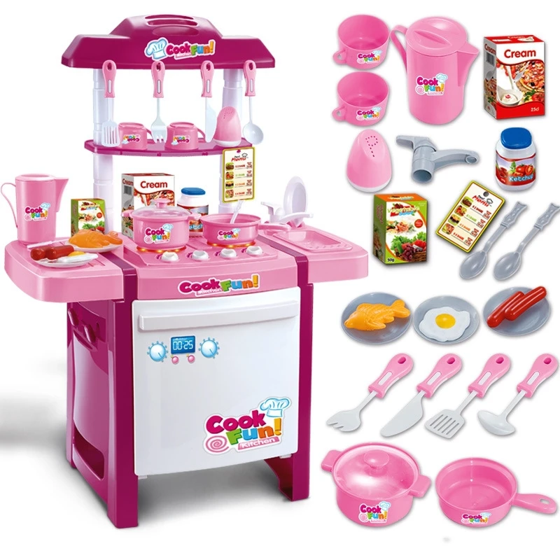 

[TOP] 25 kinds tableware fittings Arrival Child Classic Pretend Play imitate chef light Kitchen Sets COOK FUN game girl gift