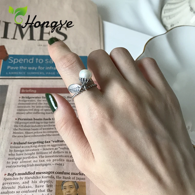 Hongye античное перьевое кольцо с жемчугом для девочек, модное ювелирное изделие из стерлингового серебра на лето/весну, регулируемые женские кольца, свадебные кольца
