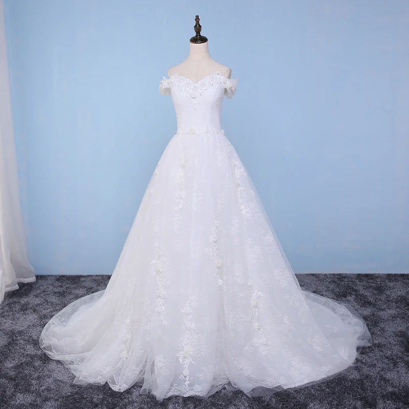 

Wedding Dresses Ball Gown 2017 Real Photo Flower Swetheart Appliques Lace Up Beaded White Dress Long Train Robe De Mariage
