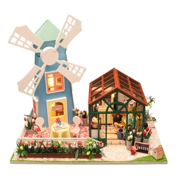 

Doll House Furniture Diy Miniature Dust Cover Wooden Miniaturas Dollhouse Toys For Children Birthday Gift Windmill Flower House