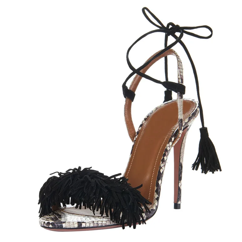 

ARQA 2019 Sexy Open Toe Tassel Sandals Women Ankle Strap Thin Heels Sandals Women Party Work Shoes Super High Heel Sandals