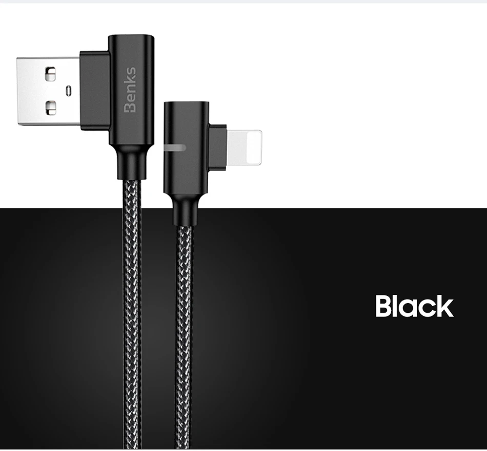 Benks Dual L Shape Lightning Data Cable 8 Pin For iPhone X XS XR 10 8 7 6s 5 Plus Fast Charge USB Charging Cables LED Light 1 (16)