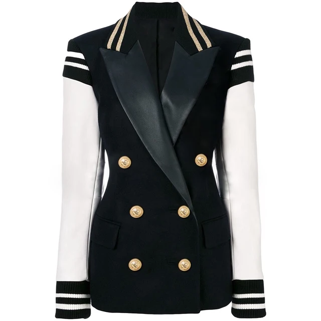 HIGH STREET New Fashion 2022 Stylish Blazer Varsity Jacket Women's Leather Sleeve Patchwork Lion Buttons Blazer 1