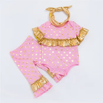 

Romper + pants + hair band 3PCS baby girl clothes fashion design flared trousers with golden polka dot fold children clothing