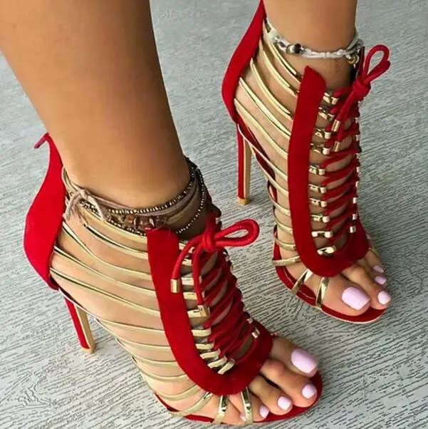 

Patchwork high heels peep toe gladiator sandals women gold narrow band cut-outs sandalia feminina summer ankle boots booties