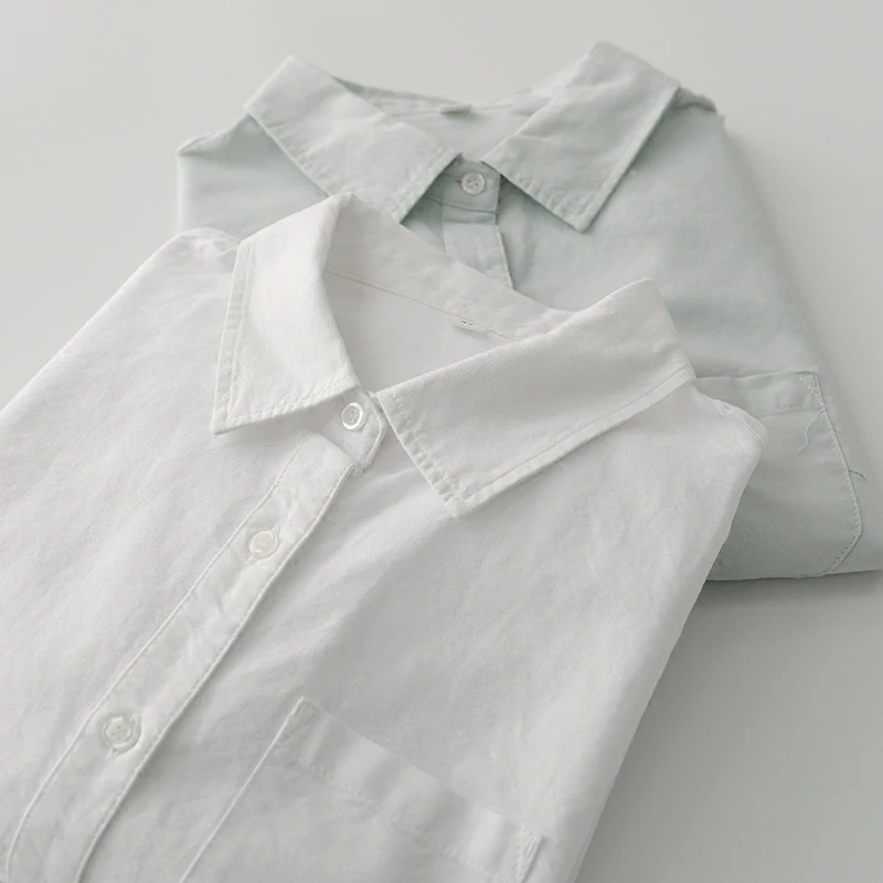 solid color white mint green 100 cotton long sleeve turn collar shirt blouse female in Blouses
