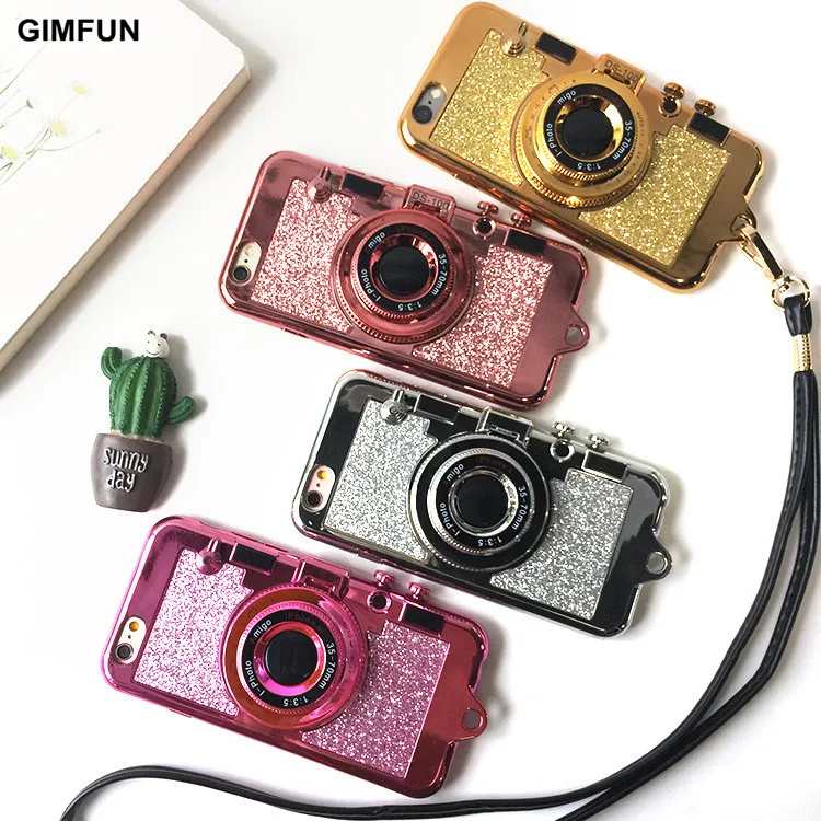 

GIMFUN Luxury 3D Retro Glitter Camera Phone Case for Iphone x 6 6s 7 7plus 8 Case Funny Bling Soft Tpu Mirror Case Lanyard