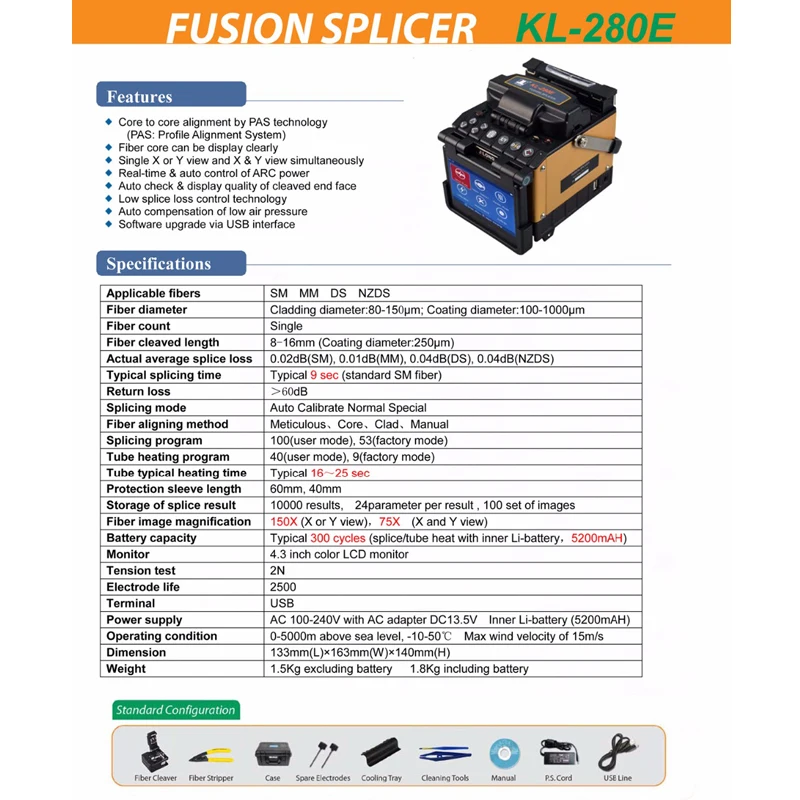 KL-280E Fusion Splicer KL-280E Core-сведение по сердцевине по PAS технологический комплект в том числе Кливер для зачистки и переноски Чехол