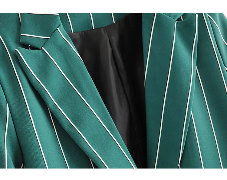 Корейский стиль Тонкий зеленый вертикальная полоса комплект брючный костюм Женская дикая одна кнопка с длинным рукавом мода бизнес из двух частей Осень темперамент высокого качества Женская Спецодежда костюм