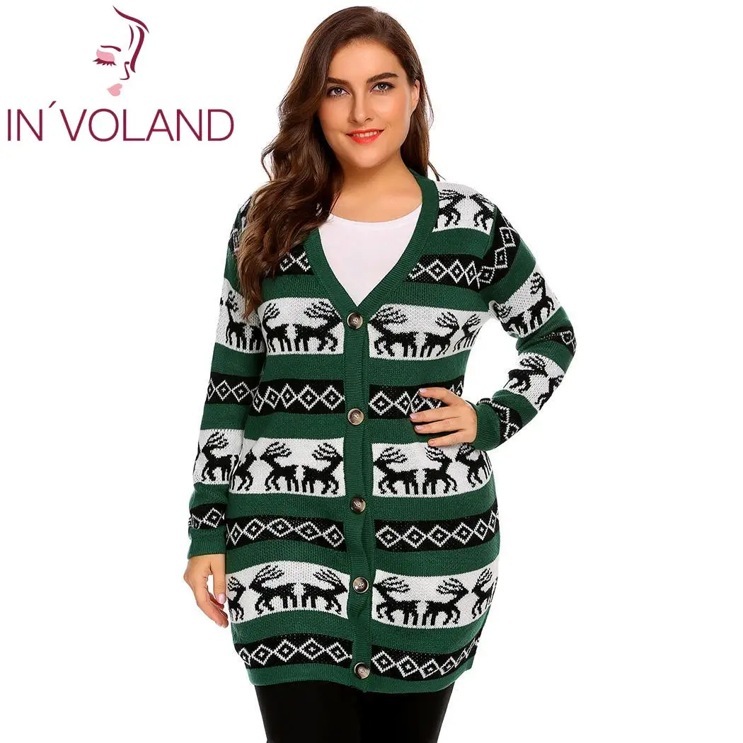 

IN'VOLAND Women Christmas Sweater Jacket Plus Size L-4XL Casual V-Neck Oversized Long Sleeve Printed Button Cardigan Big Size