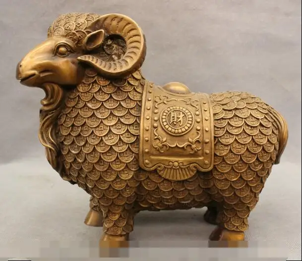 

S01040 11" JiXiang Chinese Bronze Year Zodiac Cai Fu Coin Wealth Sheep Statue Figurine B0403