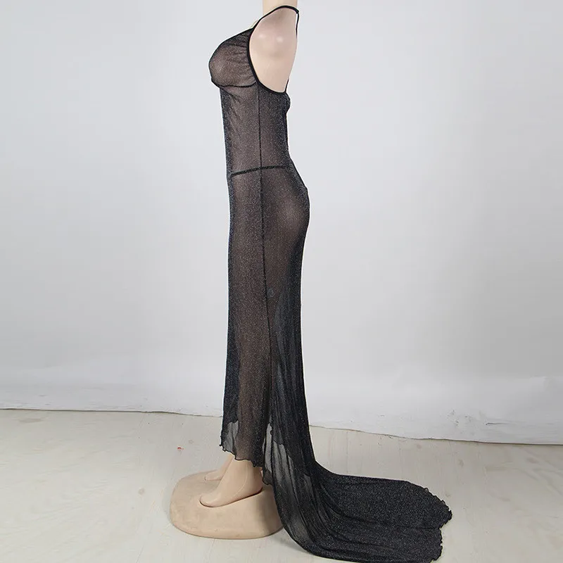 Сексуальная перспективная женская ночная рубашка черная блестящая сетка Холтер V шеи Макси Пижама женская длинная ночная одежда перспективное Ночное платье
