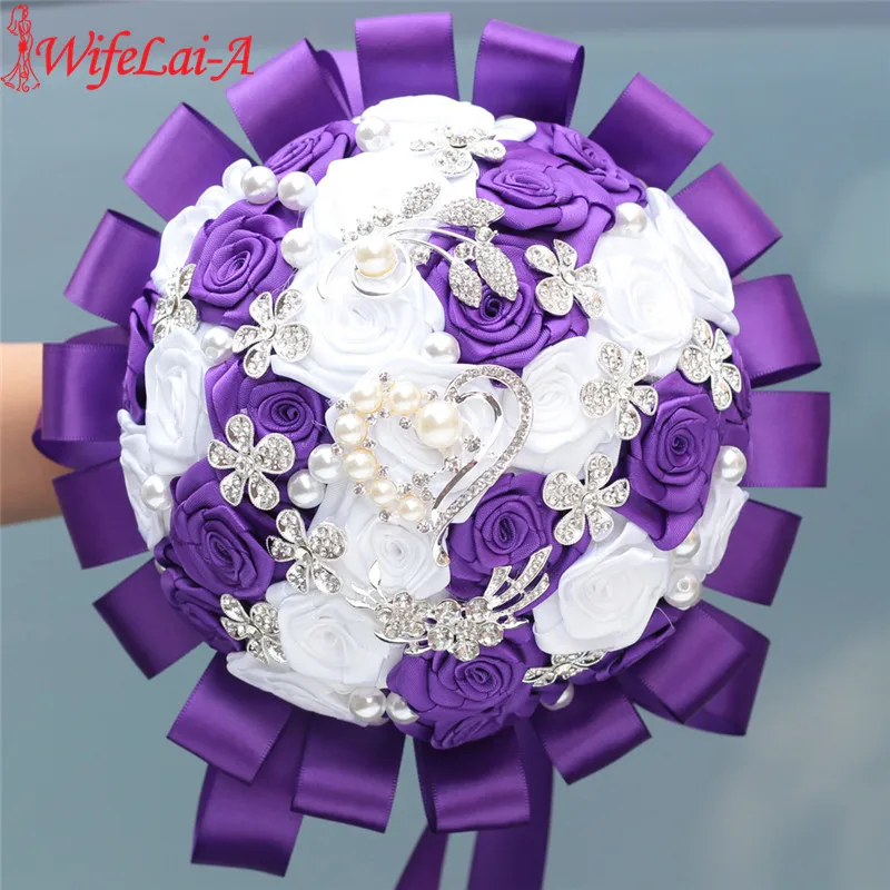 WifeLai-A Purple White Diamond Wedding Bouquets Silk Rhinestone Artificial Rose Flowers Bridesmaid Mariage Bouquets W125-69