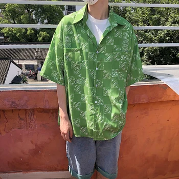 

2019 Summer Men's Loose Short Sleeve Hawaiian Shirt Male Cotton Clothes French Cuff Mens Fashion Trend Green/black Shirts M-XL